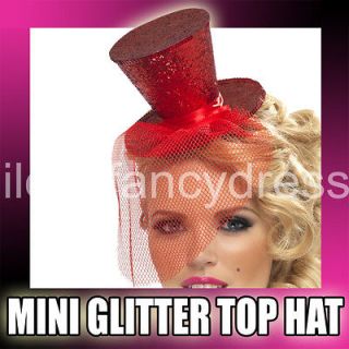 MINI RED GLITTER TOP HAT ON HEADBAND WOMENS CHRISTMAS FANCY DRESS