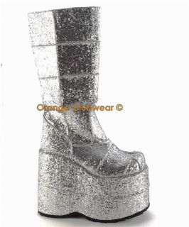 DEMONIA STACK 301G Womens Silver Glitter Platform Boots