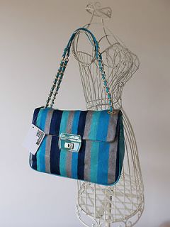Amazing LOVE MOSCHINO Blue Striped Flap Shoulder Bag Handbag NEW