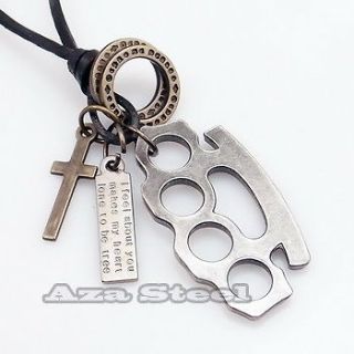 Mens Brass Knuckle Cross Pendant Charms Genuine Leather Necklace