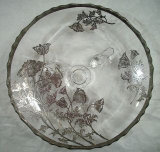 VINTAGE POPPY FLOWER STERLING SILVER OVERLAY GLASS THREE FOOTED DISH