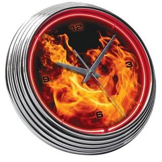 New Burning Flame Neon Clock 14 3 4 Chrome Rim