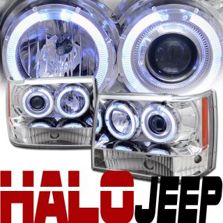 Chrome Halo Rims Projector Head Lights w Bumper Signal 93 98 Jeep