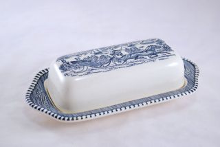 Vintage Royal USA Currier and Ives Scenes Blue and White Butter Dish