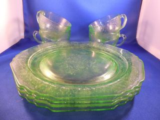Plates 4 scalloped foot rim cups Florentine Green Hazel Atlas Glass
