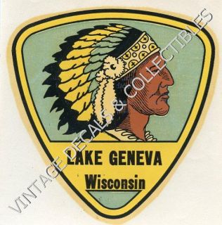 RARE Lake Geneva Wisconsin Vintage 1940s Souvenir Indian Travel Decal