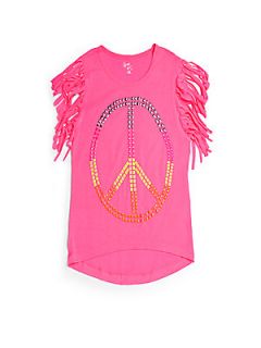 Girls Fringed Peace Sign Tee   Neon Pink