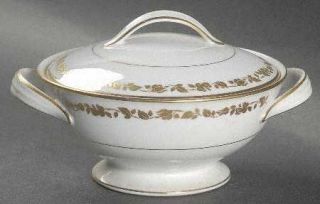 Noritake New Charm Sugar Bowl & Lid, Fine China Dinnerware   Band Of Gold Leaves