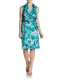 Abstract Print Silk Mock Wrap Front Dress   Floral