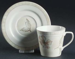 Interiors (PTS) Linen Flower Flat Cup & Saucer Set, Fine China Dinnerware   Flor