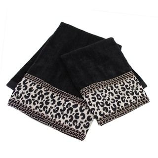 Sherry Kline Cheetah Black Embellished 4 piece Towel Set (Black Materials: 100 percent Cotton towel / 100 percent polyester band Care instructions: Spot clean recommended DimensionsHand towel: 16 inches wide x 25 inches longWash cloth: 13 inches wide x 18