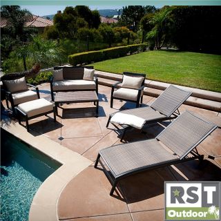 Rst Outdoor Zen 7 piece Seating And Lounger Set (EspressoMaterials: Cast aluminum, eco friendly recyclable, hand woven polyethylene rattan wickerCushions included Weather resistant UV protectionAdjustable legs/back on the chaise lounge chairsWheels on cha