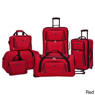 U.s. Traveler Palencia 5 piece Luggage Set (Red, blue, grey Materials: Polyester, dobby trimTwo (2) large exterior zippered pocketsWeight: Spinner upright (9.23 pound), rolling upright (6.15 pound), rolling duffel (4.3 pound), foldable duffel (1.74 pound)