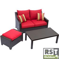 Red Star Traders Cantina 3 piece Outdoor Furniture Set (Espresso (brown)Cushion color: RedCushions includedWeather resistantUV protectionMaterials: Powder coated aluminum, eco friendly recyclable, hand woven polyethylene rattan wicker, olefin fabricLove s