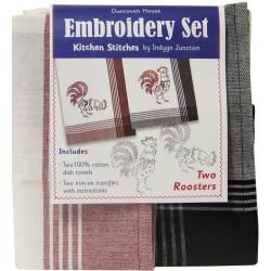 Two Roosters Kitchen Stitches Embroidery Set  White W/red and Black W/black Stripes