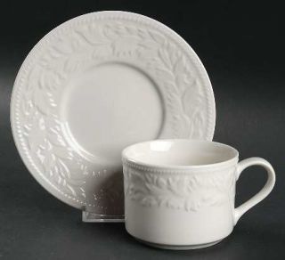 Sango Garland Flat Cup & Saucer Set, Fine China Dinnerware   Embossed Scrolls &