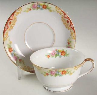 Noritake N191 Footed Cup & Saucer Set, Fine China Dinnerware   Imperial, Red Bor