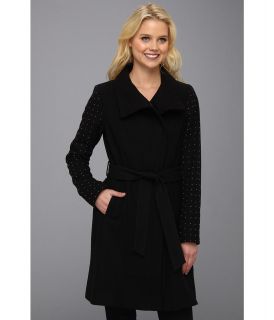 Vince Camuto Studded Sleeve Single Breasted Wool Coat Womens Clothing (Black)