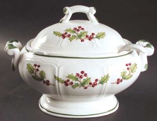 Sango White Christmas Tureen & Lid w/Ladle, Fine China Dinnerware   Green Holly/