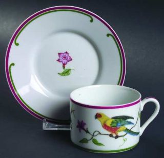 Lynn Chase Parrots Of Paradise Flat Cup & Saucer Set, Fine China Dinnerware   Pa