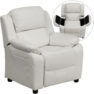 Deluxe Heavily Padded Contemporary White Vinyl Kids Recliner With Storage Arms