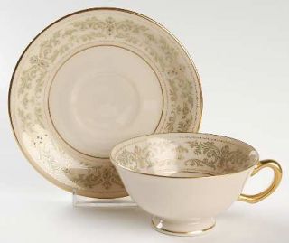 Lenox China Noblesse Footed Cup & Saucer Set, Fine China Dinnerware   Green/Gold