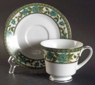 Noritake Tapestry Footed Cup & Saucer Set, Fine China Dinnerware   Green Floral