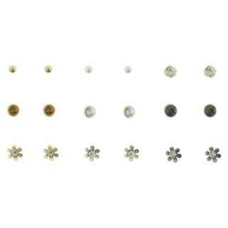 Womens Ball, Stone and Flower Stud Earrings Set of 9   Gold/Silver/Hematite
