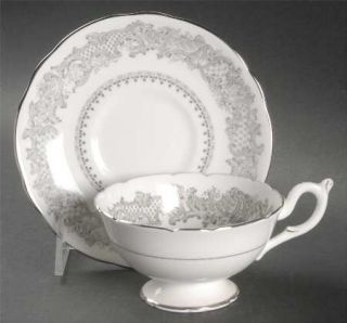 Coalport Silver Wedding Footed Cup & Saucer Set, Fine China Dinnerware   Gray Sc