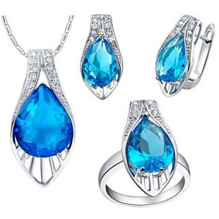 Stylish Silver Plated Cubic Zirconia Drop Shaped Womens Jewelry Set(Necklace,Earrings,Ring)(Blue,Red,Purple)