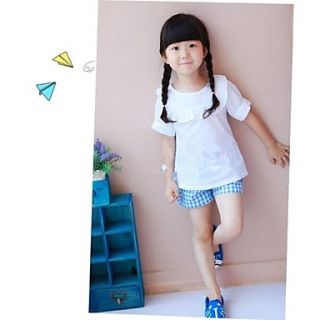 Girls Round Neck with Ruffle Side Short Sleeve and Check Pattern Short Clothing Set