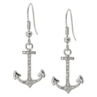 Silver Plated Anchor Drop Earrings with Crystals   Clear