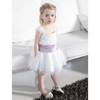 A line Square Straps Knee length Tulle Stretch Satin Flower Girl Dress