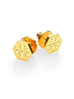 Tory Burch Hexagon Logo Stud Earrings/Goldtone   Gold