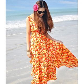 DGWE Womens Fruit Design Beach Bohemian V Neck Chiffon Dress(Orange)