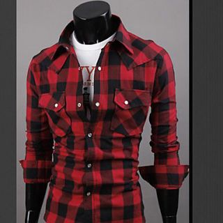 UF Mens Casual Shirt Collar Cotton Small Grid Single breasted Fit Long Sleeve Shirt Red