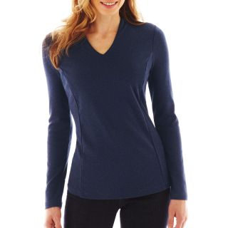 LIZ CLAIBORNE Long Sleeve Solid High Back Knit Tee, Navy Heather, Womens