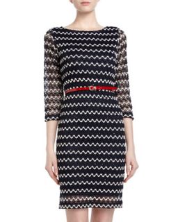 Belted Sequined Zigzag Crochet Dress, Navy