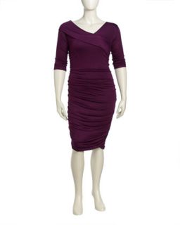 Ruched Asymmetric Fold Jersey Dress, Plum, Womens